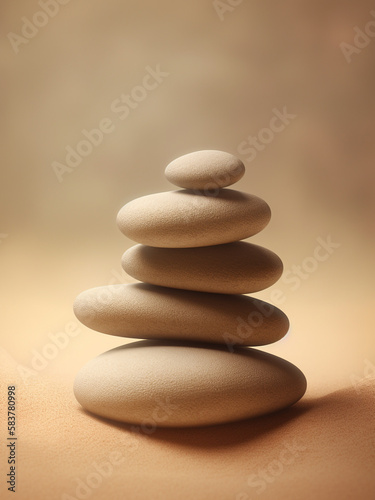 Stack of zen stones from large to small on beige background, suitable for beauty product branding, display and packaging. Generative AI