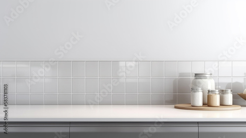 Close view on minimalist kitchen room interior with sunlight in daytime  empty space for display product