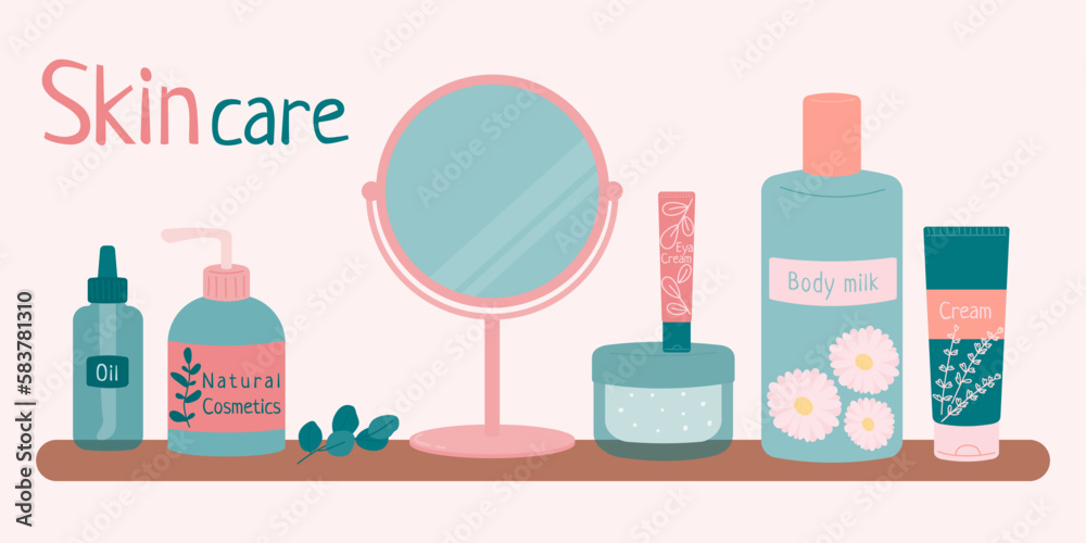 A set of elements for spa and bathroom - creams, mirrors, body oil, milk, eye cream, liquid soap. Packaging for natural cosmetics - jar, bottle, tube. Color flat vector illustration. A set of elements for spa and bathroom - creams, mirrors, body oil, milk, eye cream, liquid soap. Packaging for natural cosmetics - jar, bottle, tube. Color flat vector illustration.