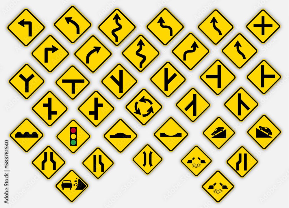Yellow Warning Road Signs Vector Models / Ai Illustrator