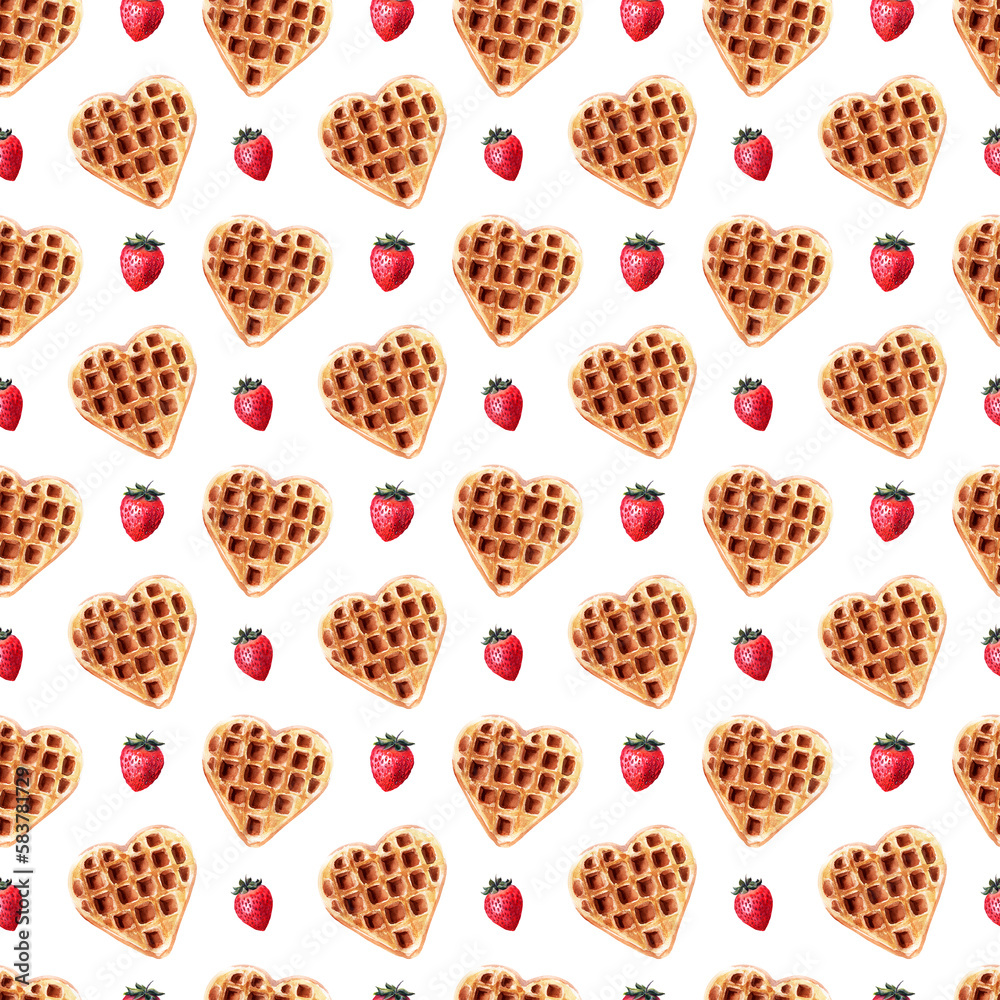 Watercolor illustration with wafers of various shapes. Heart waffles, square waffles, and round waffles Watercolor illustration with wafers of various shapes. Heart waffles, square waffles, and round waffles