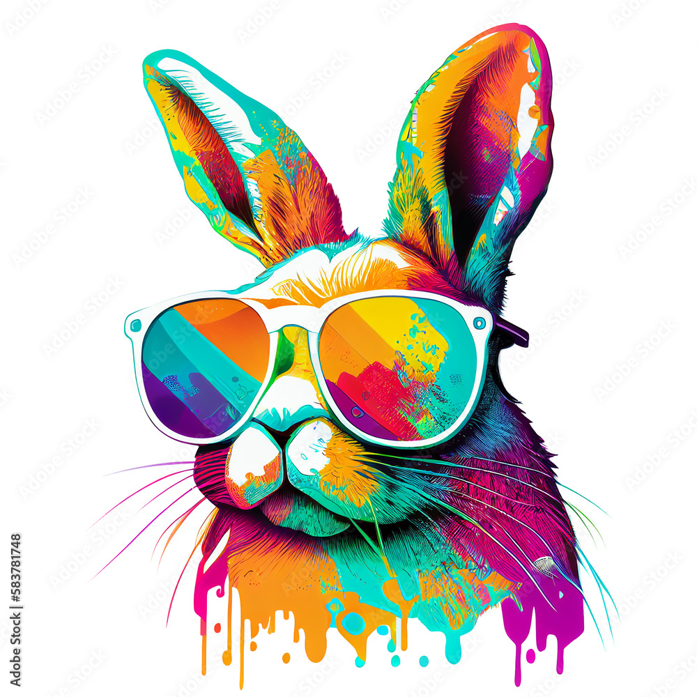An adorable white rabbit wearing blue sunglasses and a colorful paint splash on the face, conveying a playful and cool vibe