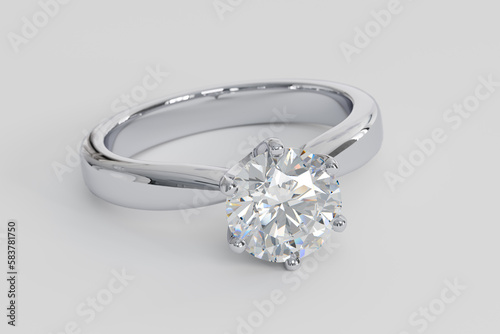 Diamond solitaire engagement ring with a round brilliant cut stone on white background. 3d rendering photo