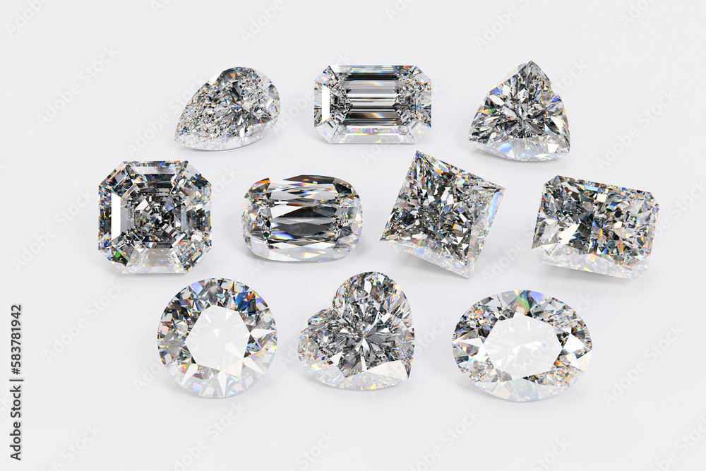 Ten loose diamonds of multiple cut styles lined up on white background. 3d illustration