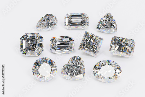 Fotografia Ten loose diamonds of multiple cut styles lined up on white background