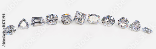 Eleven loose diamonds of the most popular cut styles lined up on white background. 3d illustration
