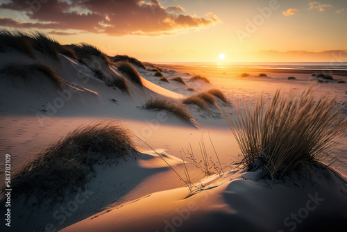 Bright Sunny Beach Dunes Sunset - Generative AI