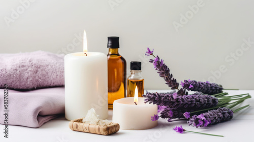 Spa still life with lavender oil, white towel and perfumed candle on natural wood ,Generative AI