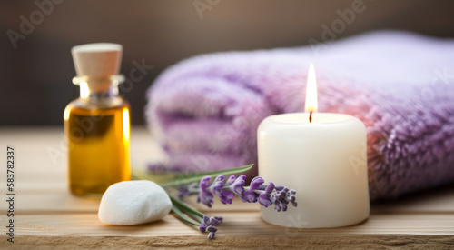 Spa still life with lavender oil  white towel and perfumed candle on natural wood  Generative AI