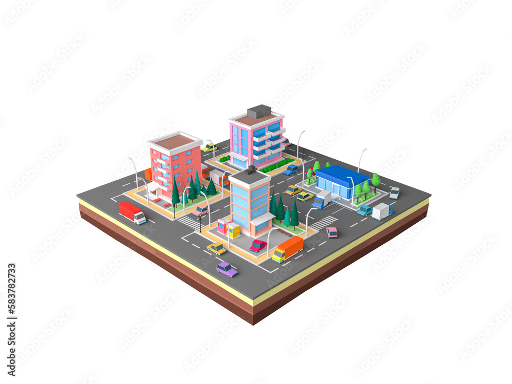 Isometric cartoon low poly city landscape, 3d rendering Isometric cartoon low poly city landscape, 3d rendering