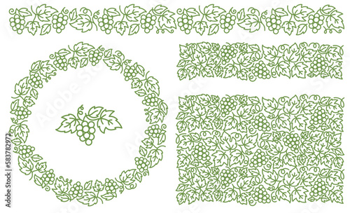 Grapevine ornament kit. Thick line pattern. Grape branches and leaves. Editable outline stroke. Vector line.