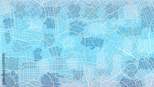 Blue city area, background map, streets. Skyline urban panorama. Cartography illustration. Widescreen proportion, digital flat design streetmap.