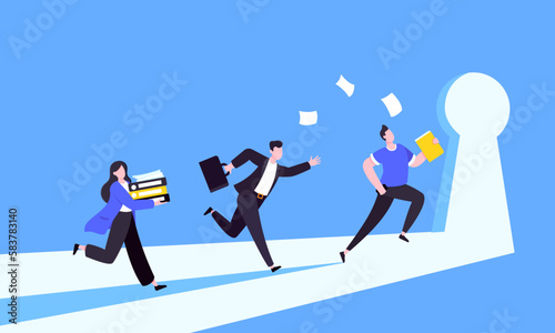 Unlock your opportunity concept with keyhole and ambitious people running to career potential and work financial success flat style vector illustration. New way business beginnings and unlock future.