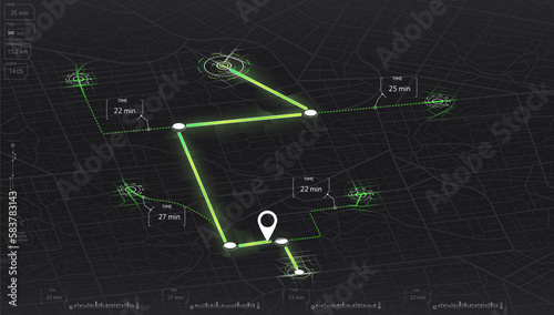 Isometric Gps map navigation to own house. Garish vector illustration of roadmap. View from above the map buildings. Decorative graphic tourist map. Abstract transportation background.