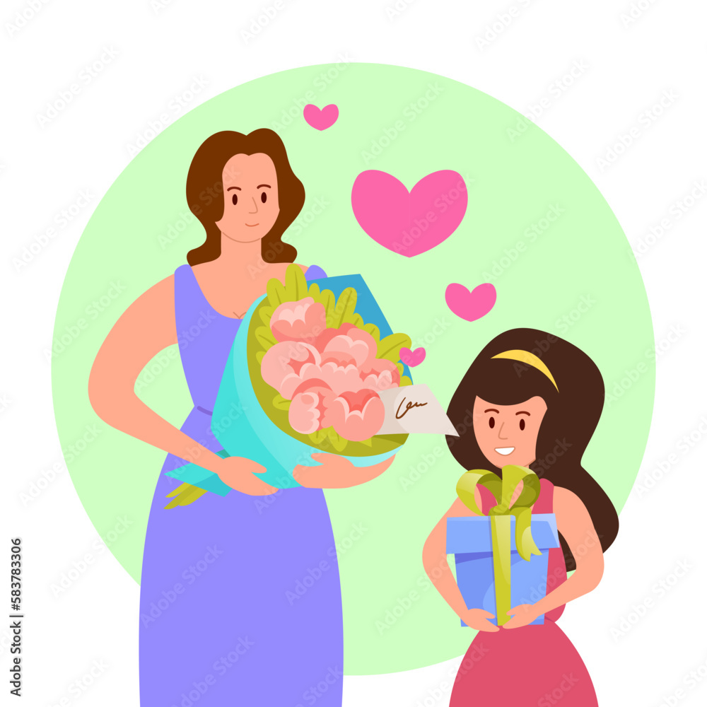 Mother and daughter with gifts vector illustration. Happy woman receiving flowers and presents from child, celebrating holiday together. Mothers day, family, flowers, attention concept Mother and daughter with gifts vector illustration. Happy woman receiving flowers and presents from child, celebrating holiday together. Mothers day, family, flowers, attention concept