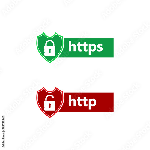 HTTP and HTTPS protocols on shield. Safe and secure icon isolated on white background