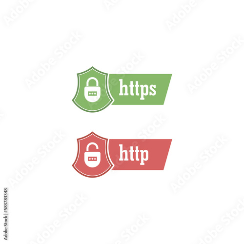 HTTP and HTTPS protocols on shield. Safe and secure icon isolated on white background