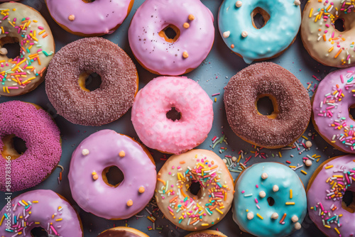 Flat lay Food photo of pastel glazed donuts with sprinkles, view from above. Generative AI