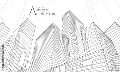 3D illustration  abstract modern urban landscape line drawing  imaginative architecture building construction perspective design.