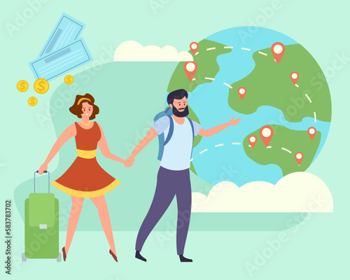Happy couple moving to another country vector illustration. Man and woman with suitcase and tickets looking at world map, choosing city. Relocation, growth of foreign employees, travel concept