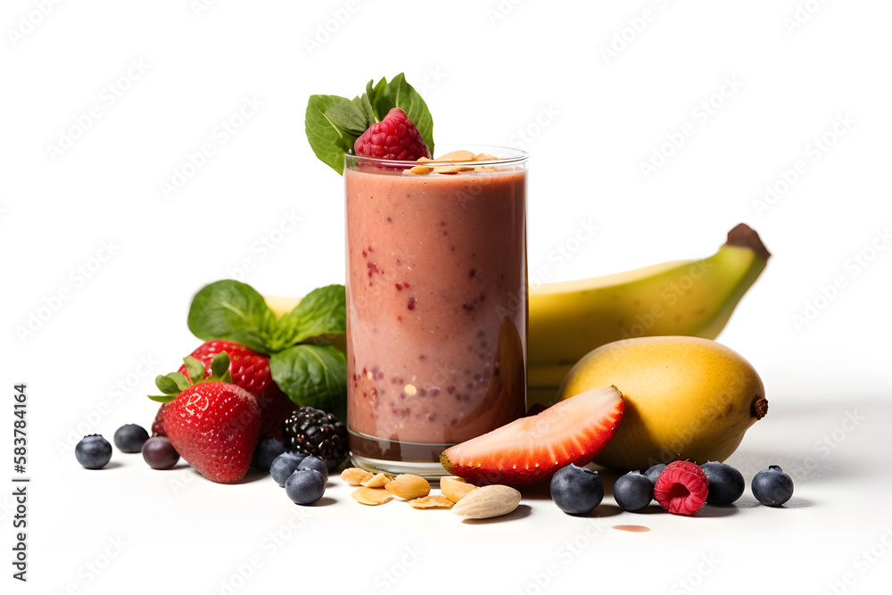 Smoothie with banana, strawberries and blueberries isolated on white background. Generative AI technology. 