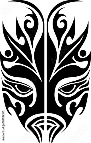 Vector tattoo sketch of a Polynesian god mask, black and white.