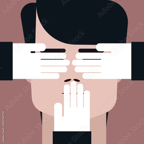 Conceptual illustration of external hands blocking the vision and speech of a person