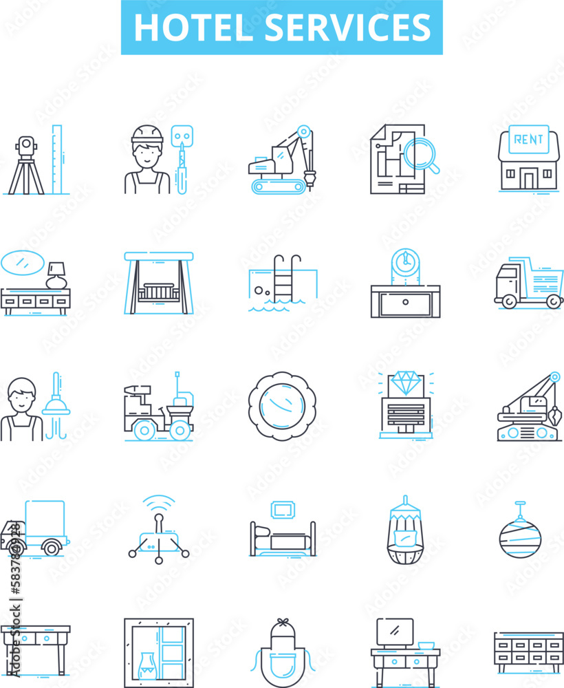 Hotel services vector line icons set. Accommodation, Amenities, Restaurants, Catering, Spa, Pool, Swimming illustration outline concept symbols and signs