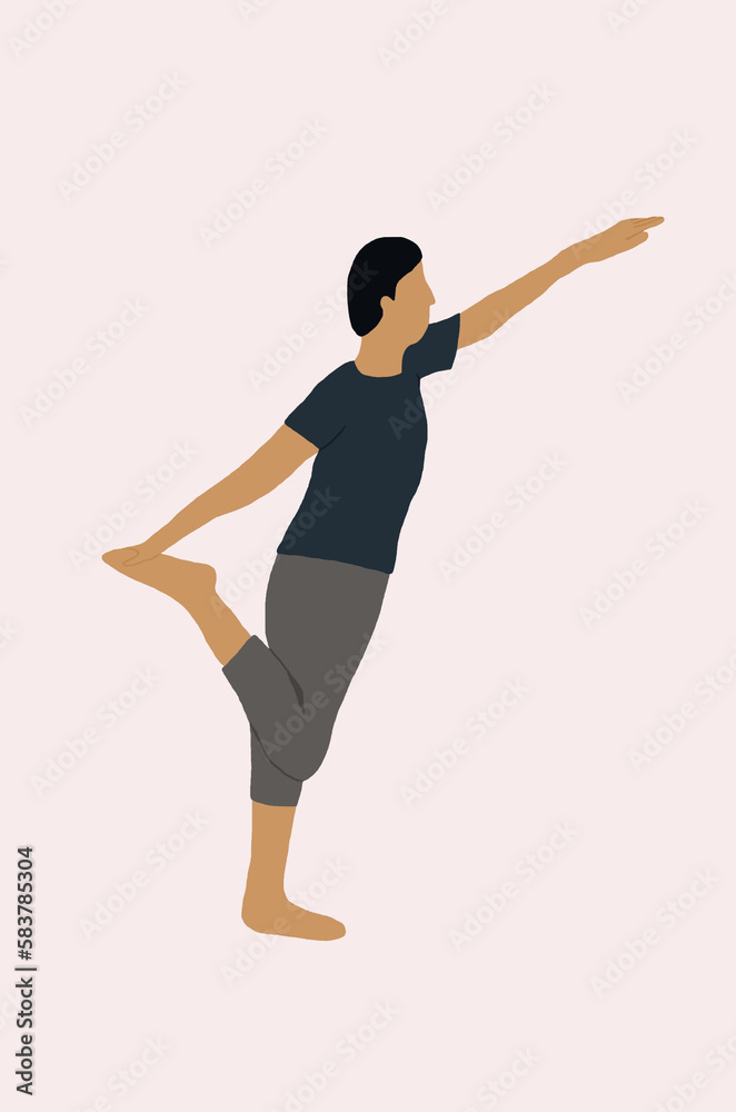 A side view of a young man is doing a yoga dancer pose against a plain background. Wellbeing, healthy lifestyle, workout A side view of a young man is doing a yoga dancer pose against a plain background. Wellbeing, healthy lifestyle, workout