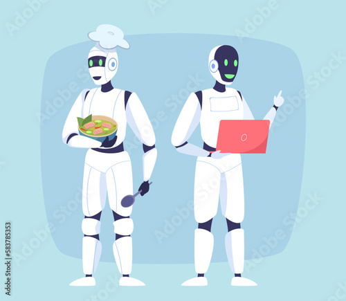 Human-like robots helping people vector illustration. Mechanical cook with bowl of soup and robot-engineer with laptop on blue background. Artificial intelligence, robotics, technology concept
