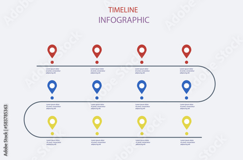 Road map timeline infographic 
with 12 pin pointers. Can be used
for business concepts, presentations,
web design, banners, diagrams, 
workflow, and timelines. 
Vector eps 10