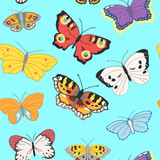 Seamless pattern of flying butterflies in red, yellow, white, orange and other colors. Vector cute illustration on a turquoise background.