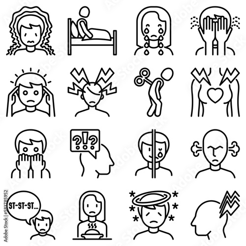 Neurosis thin line icon set: panic attack, headache, fatigue, insomnia, despair, phobia, mood instability, stuttering, psychalgia, dizziness. Modern vector illustration.