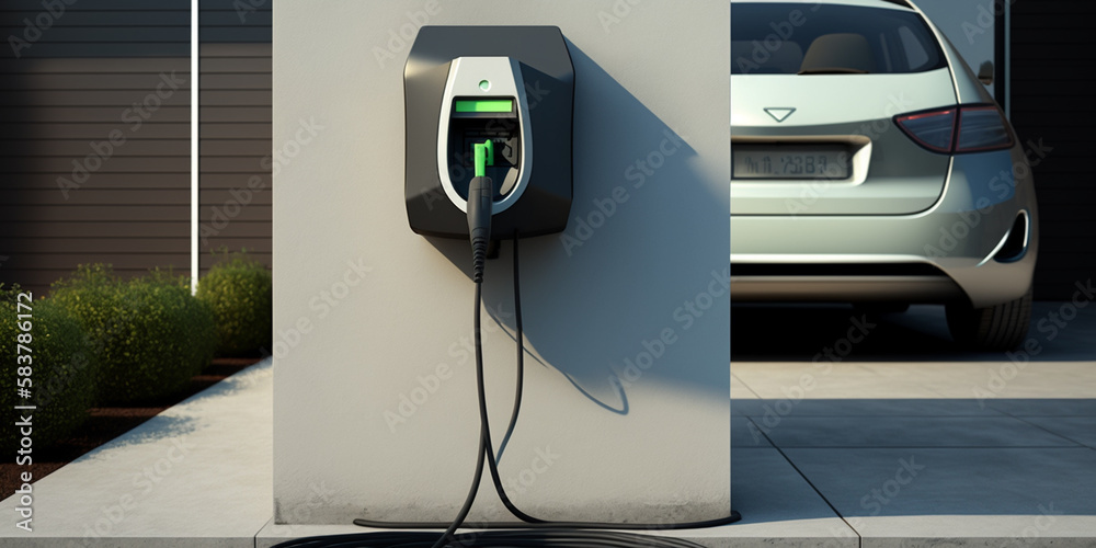 Electric car charging at home clean energy filling technology. Generative AI Electric car charging at home clean energy filling technology. Generative AI
