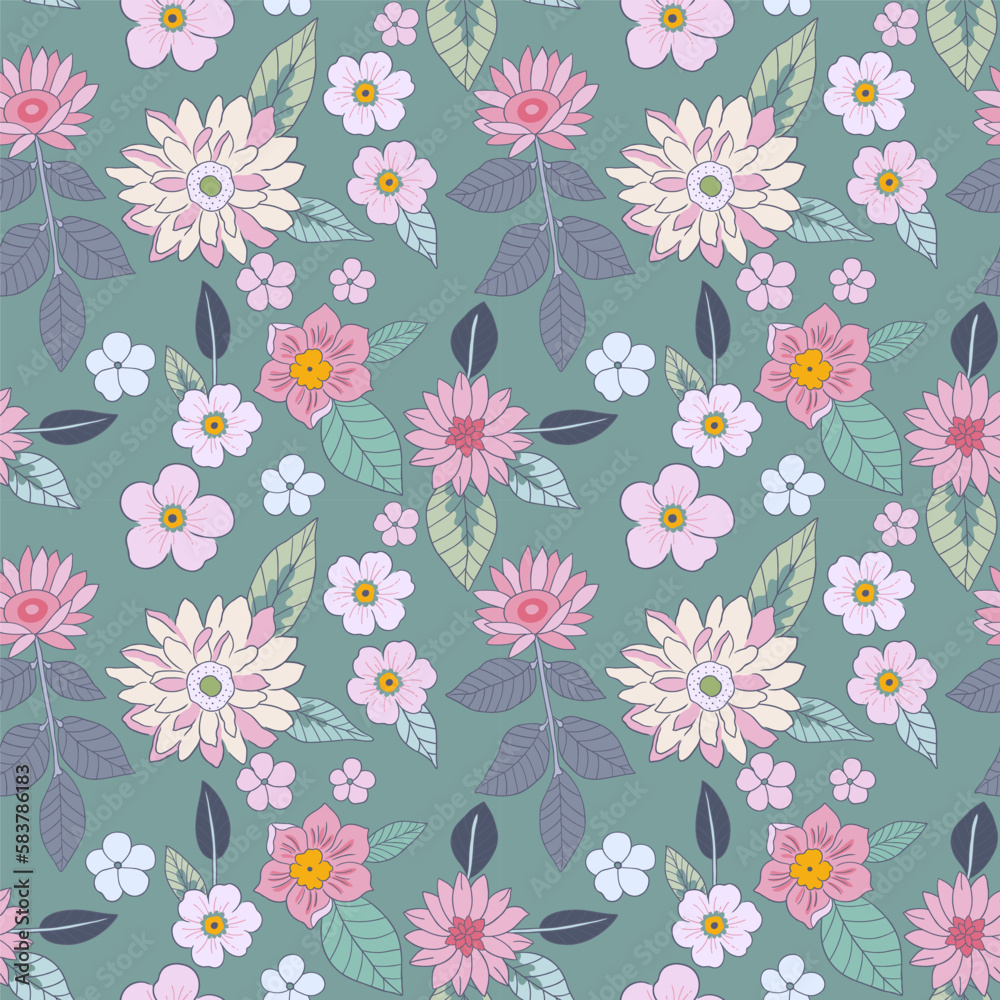 Botanical seamless pattern, various pink and orange flowers with green leaves on a light green background, pastel vintage theme.