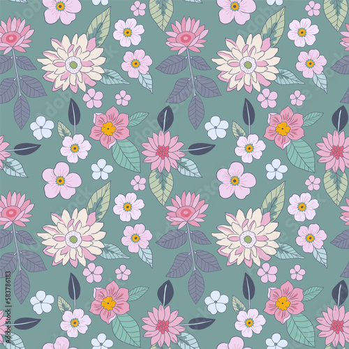 Botanical seamless pattern  various pink and orange flowers with green leaves on a light green background  pastel vintage theme.