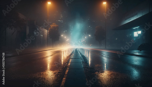 Abstract light in a dark empty street with smoke, smog, night view, night city. Reflection of neon lights, a searchlight. Generative Ai. © 121icons