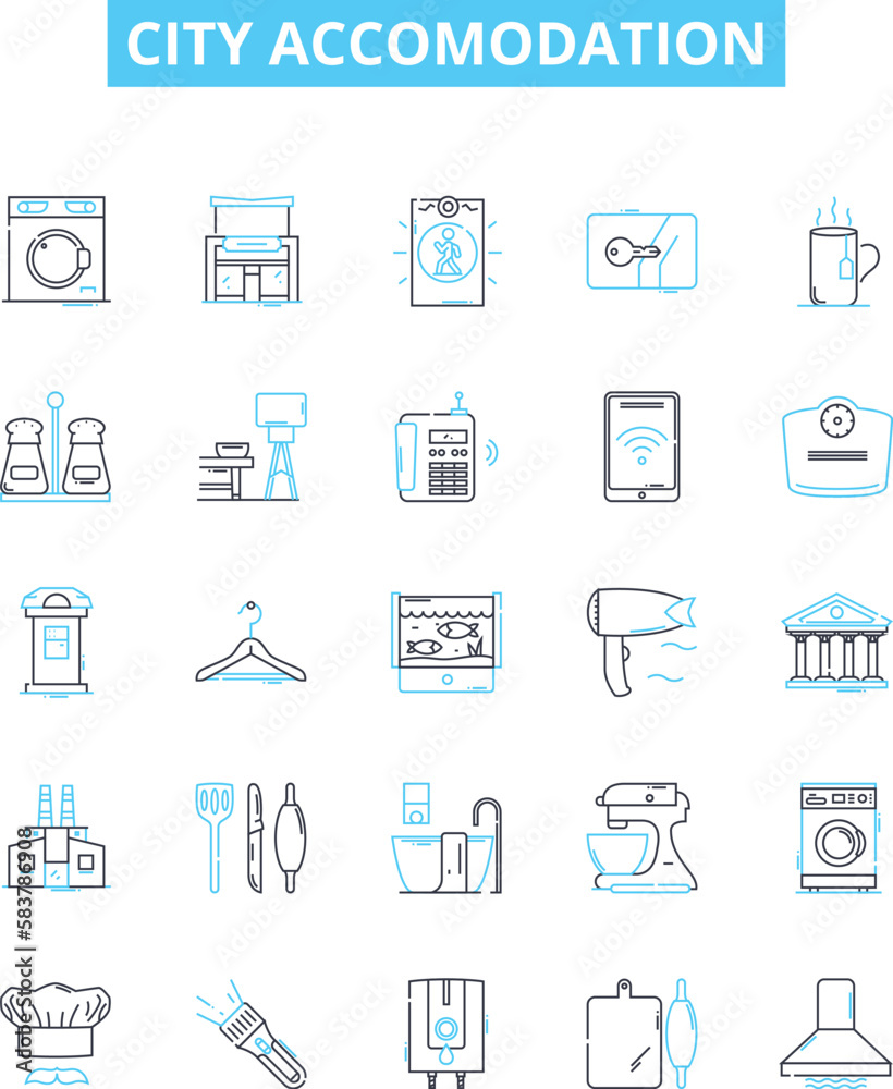 City accomodation vector line icons set. Urban, lodging, housing, habitation, flat, abode, suite illustration outline concept symbols and signs City accomodation vector line icons set. Urban, lodging, housing, habitation, flat, abode, suite illustration outline concept symbols and signs