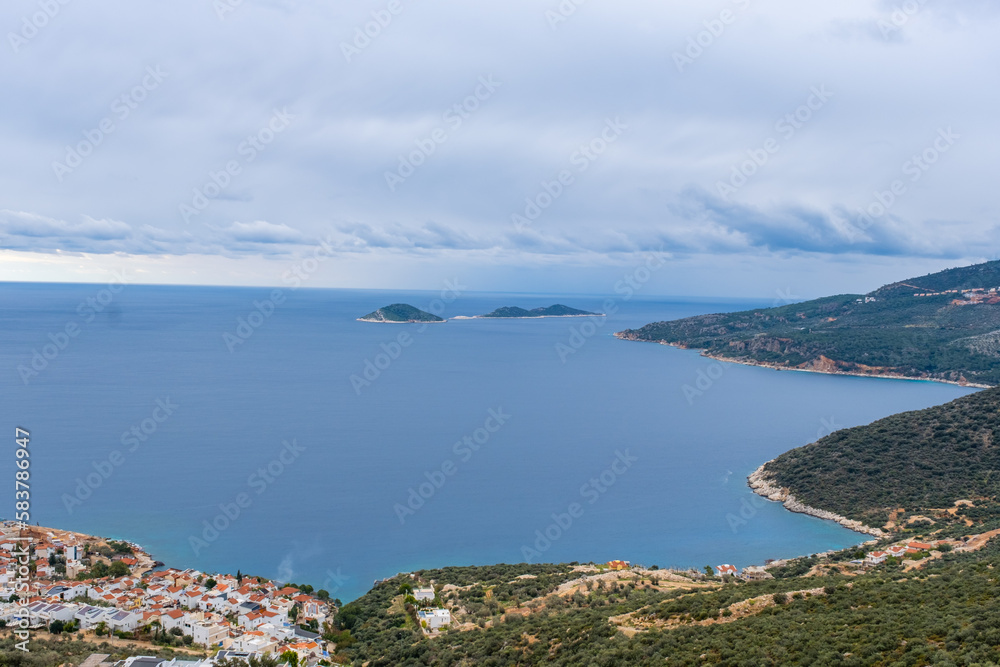 Majestic aerial panoramic view of the seaside resort town Kalkan in Turkey. 