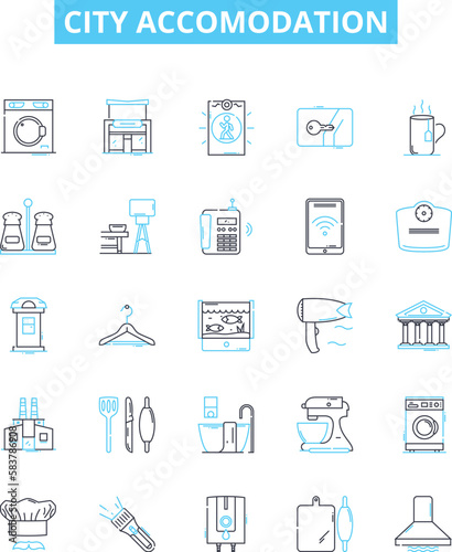 City accomodation vector line icons set. Urban, lodging, housing, habitation, flat, abode, suite illustration outline concept symbols and signs