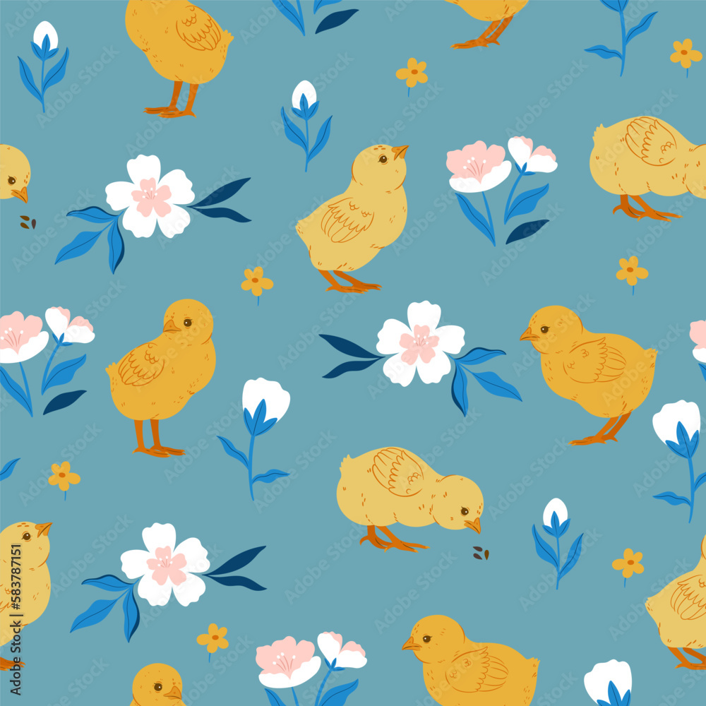 Seamless pattern with baby chickens and flowers. Vector graphics.