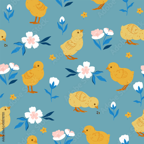 Seamless pattern with baby chickens and flowers. Vector graphics. © Екатерина Зирина