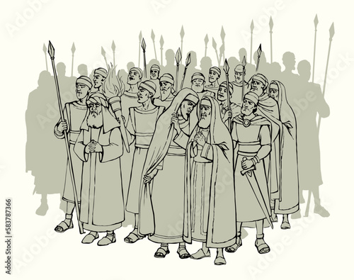 Old Pharisee Priest with army. Vector drawing
