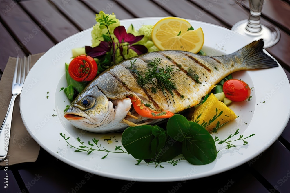 Indulge in a delicious and wholesome meal of grilled fish and salad, made with fresh and natural ingredients. Generated by AI. Indulge in a delicious and wholesome meal of grilled fish and salad, made with fresh and natural ingredients. Generated by AI.