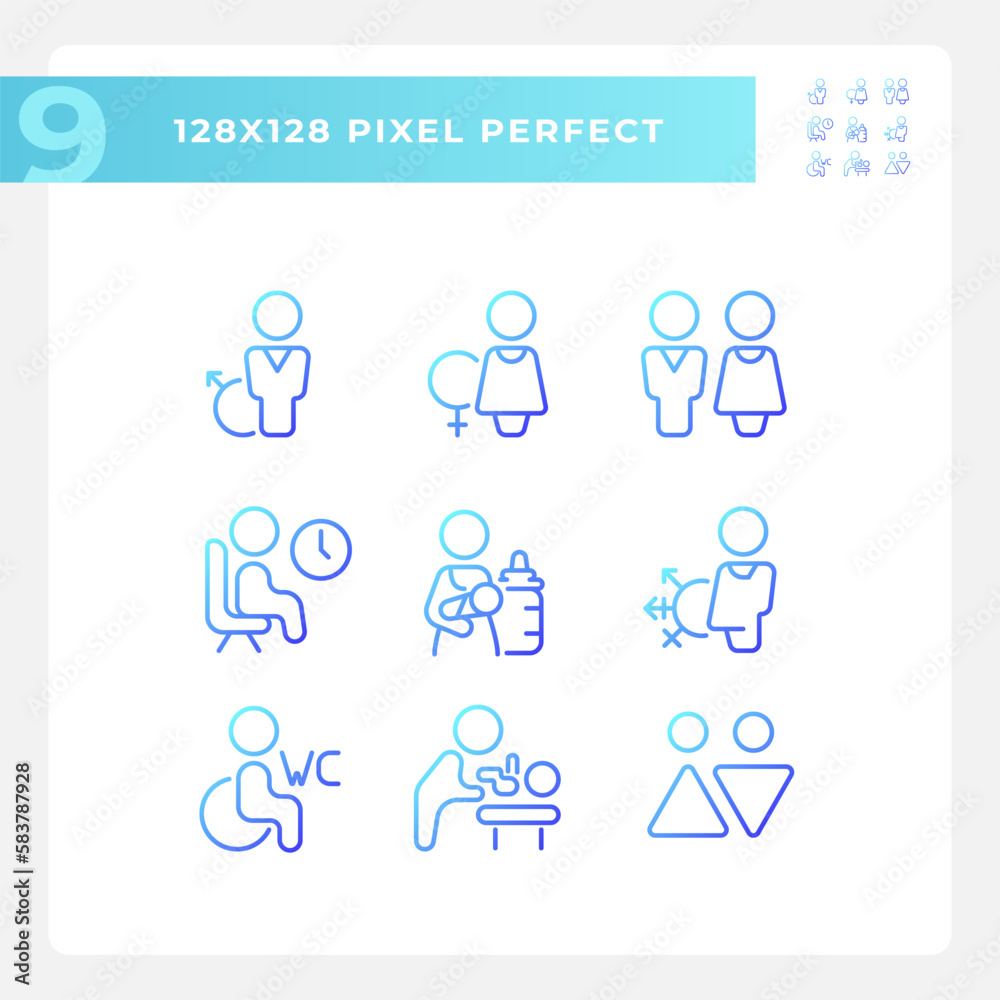 Public toilet rooms signs pixel perfect gradient linear vector icons set. Hygiene in restrooms. Private place. Thin line contour symbol designs bundle. Isolated outline illustrations collection