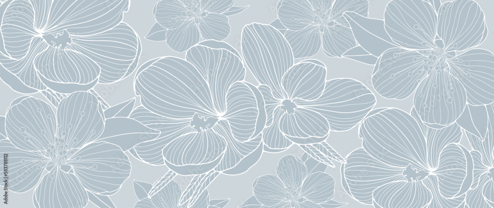 Blue floral vector background with crocuses and cherry flowers for decor, covers, cards, presentations, wallpapers