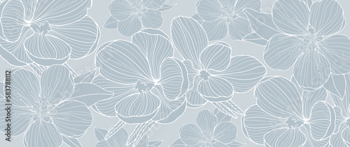 Blue floral vector background with crocuses and cherry flowers for decor, covers, cards, presentations, wallpapers