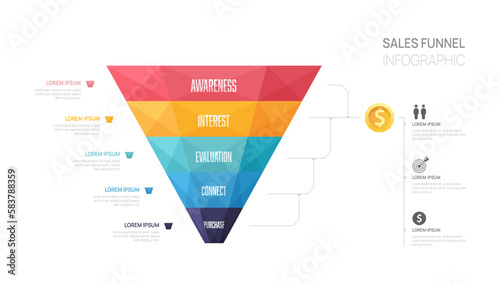Infographic Sales funnel diagram template for business. geometric Timeline 5 step level, digital marketing data, presentation vector infographics.