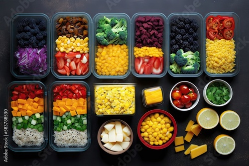 A colorful vegetarian meal prep featuring a variety of vegetables, such as broccoli, carrots, bell peppers. Generated by AI.