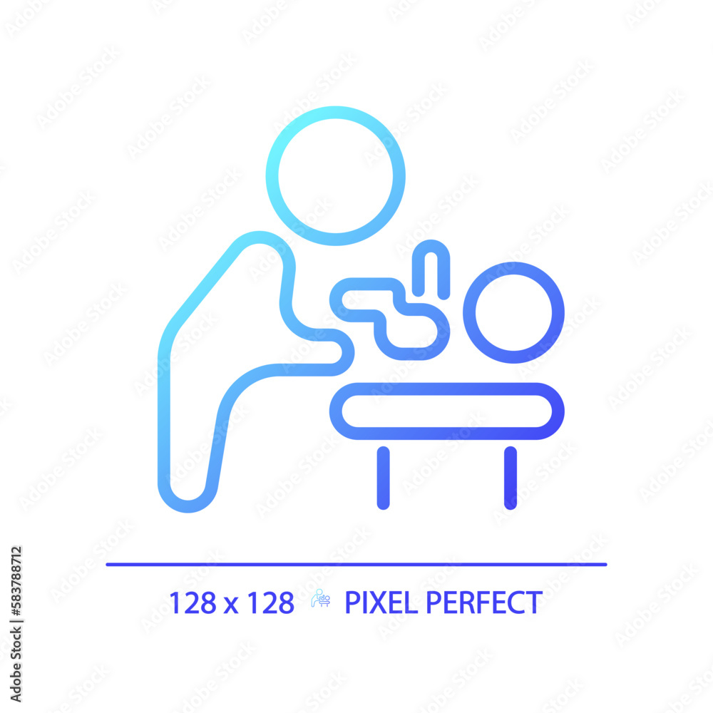Baby changing room pixel perfect gradient linear vector icon. Diaper table in public restroom. Little children parents. Thin line color symbol. Modern style pictogram. Vector isolated outline drawing Baby changing room pixel perfect gradient linear vector icon. Diaper table in public restroom. Little children parents. Thin line color symbol. Modern style pictogram. Vector isolated outline drawing